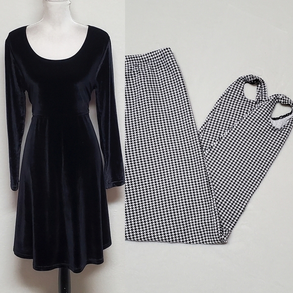 Vintage 80s Motherhood Black Velvet Tie-Waist Dress Houndstooth Stirrup Pant Set - Picture 1 of 16